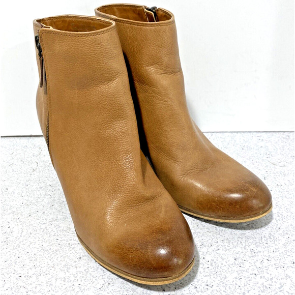 Nordstrom BP Trolley Ankle Boots Tan Leather Booties Side Zip High Heel US 9M - Picture 1 of 11